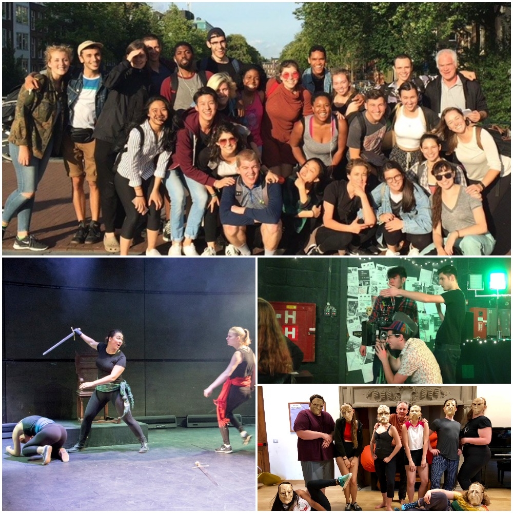 Collage of images: summer 2016 International Theatre Workshop in Amsterdam class; students filming on set during 35mm Visual Storytelling at FAMU; summer 2018 Commedia dell'Arte class wearing theatrical masks; fall 2017 Shakespeare in Performance at RADA class final presentation of Henry IV.